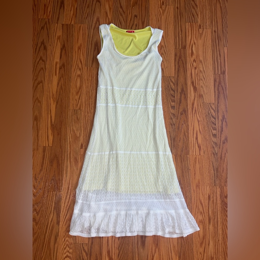 Elle White Yellow Pointelle Lace Ruffle Overlay Fit Flare Midi Dress Size M